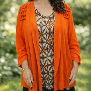 Women's 2piece Coral Open Front Cardigan and Patterned Blouse Set